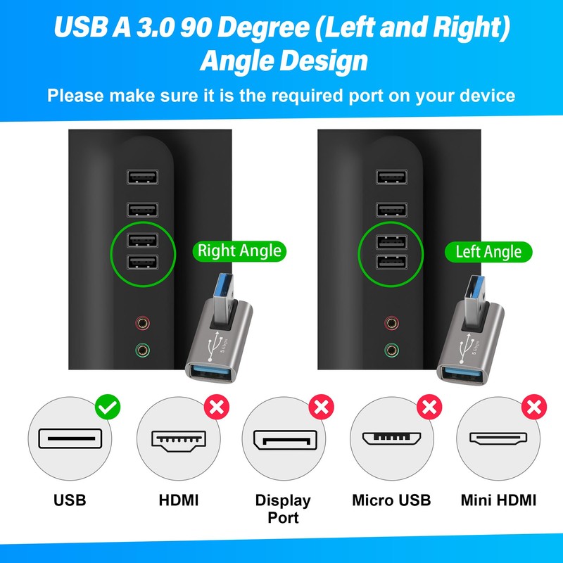 90 Degree USB 3.0 Adapter 2 Pack, Middle (Left and
