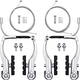 2 Pairs Bike Brakes Set Universal Bike Brakes Mountain Bike Replacement for Most Bicycle and 2 Pieces Mountain Bike Brake Cables Bike Gear Shift Cable Wire, End Caps, End Ferrules (Silver)