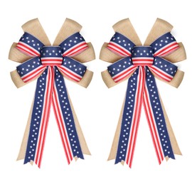 2 Pcs 4th of July Decor Bow for Wreath,Red White Blue Stripe Stars and Burlap Tree Topper Bows for Patriotic,Independence Day,Memorial Day,Veteran's Day,Outdoor Decorations