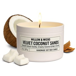 Velvet Coconut Sands Soy Candle – 8oz | Vanilla, Coconut & Santal | Clean-Burning, Non-Toxic | White Tin with Wood Designed Lid | Cozy & Luxurious Scent for Relaxation & Gifting