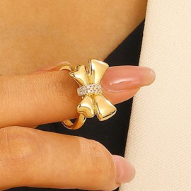 IQIC Gold Bow Ring for Women Rhinestone Bow Open Ring Chunky Cubic Zirconia Bow Ring Adjustable Bow Statement Ring Fashion Elegant Jewelry, Metal, No Gemstone