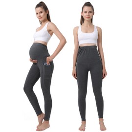 Maternity Leggings Pregnant Over-Bump Pant with Pockets Stretch for Workout Yoga (Grey - Large)