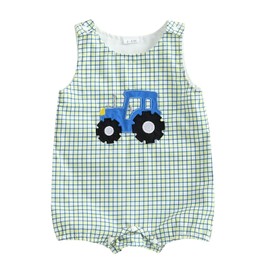 Summer Outfit Newborn Baby Boy Sleeveless Tractor Embroidery Plaid Tank Romper Jumpsuit Overalls One Piece Clothes (Yellow, 3-6 Months)