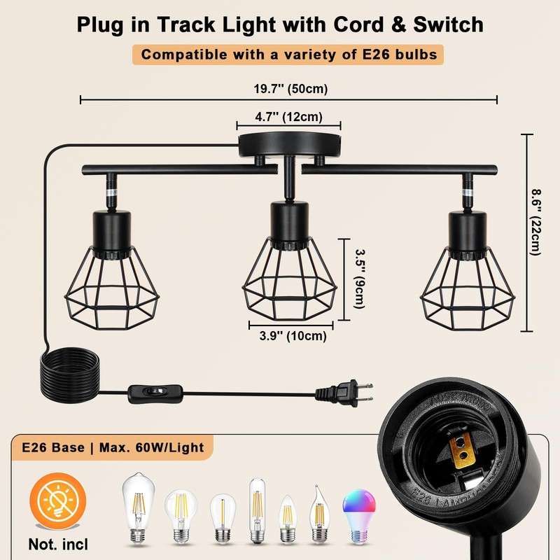 HiBay Track Lighting Plug in, 3-Light Directional Ceiling Light Fixture