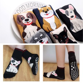 ZFSOCK Women's Stopper Socks, Funny Socks: Colourful Non-Slip Socks Cotton Non-Slip ABS Socks with Funny Motif Cats Animal Pattern Gift Ideas for Women Size 35-42 (5 Pairs), Dogs