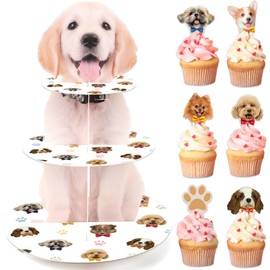 CHUNNIN 25 Pcs Dog Cupcake Stand with Puppy Cupcake Topper, 3 Tiered Dog Party Decoration Puppy Cake Holder, Cute Pet Theme Dessert Cupcake Tower for Dog Baby Shower Supplies Birthday Party Decoration