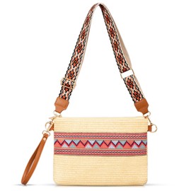 Bohemian Clutch Purses for Women, Beach Bag, Canvas Shoulder Strap Crossbody Bags, Hand-Woven Straw Envelope Package, Summer Shoulder Bag Suitable for Vacation Travel Daily(Red)