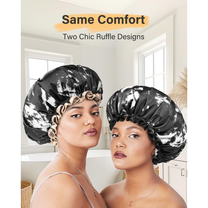 mikimini Large Shower Cap for Women Long Hair, Black and