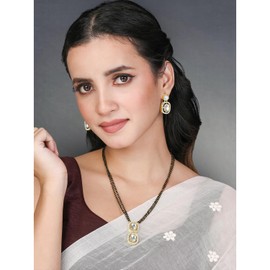 Aheli Cubic Zirconia Crystal & Black Beads Studded Mangalsutra & Drop Earrings Jewellery Set Gift for Women