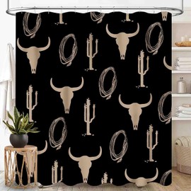 Cortinas de ducha occidentales para baño, diseño tribal del suroeste con estampado de vaca de cactus, toro, calavera, salvaje oeste, rústico, bohemio, negro, dorado, impermeable, juego de cortinas de