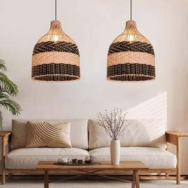 Arturesthome Rattan Pendant Light for Kitchen Island, Wicker Chandelier, Handmade Woven Hanging Ceiling Light Lampshade for Living Room Bedroom - 11.8" x 15.7"