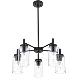 Wanluce 5-Light Contemporary Black Chandelier, Modern Industrial Dining Room Light Fixtures Over Table, Ceiling Hanging Kitchen Island Pendant Lighting Fixtures w/Clear Glass Shade for Entryway Foyer