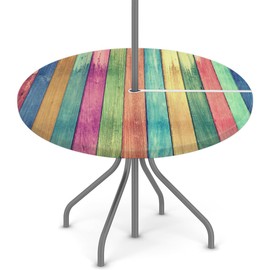 Round Outdoor Fitted Tablecloth with Umbrella Hole, Color Board Elastic Table Cloth Retro Style Waterproof Table Cover with Zipper for Patio Picnic, 36"-44"