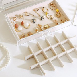 SPAKOWN Earring Organizer, Acrylic Jewelry Box with 5 Drawers, Clear Velvet Earring Storage Display Case with 90 Compartments for Women Girls (Beige)