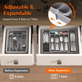 Lifewit Silverware Drawer Organizer, Expandable BPA Free Utensil Tray for Kitchen, Adjustable Flatware and Cutlery Holder for Spoons Forks Knives, Plastic Kitchen Organizers and Storage, Gray