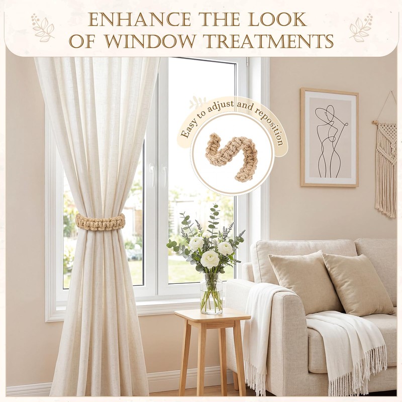 HOMEBROS Boho Curtain Tiebacks, Braided Curtain Holdbacks, Brown, 4 Pcs