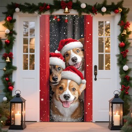 Christmas Door Cover Banner, 6 x 3 ft Christmas Decorations Flag Photography Background for for Winter Party Decorations Supplies (Dog, 70.8 x 35.4 Inch)