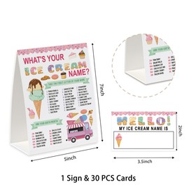 Ice Cream Birthday Party Game, What’s Your Ice Cream Name Game(One Sign+30 Name Tag Stickers), Girl Summer Birthday Party,Fun Games For School Office Home Party,Baby Shower Game-MZC02