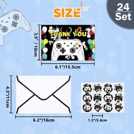 WERNNSAI Video Game Thank You Cards - 24 PCS Thank You Cards with Envelopes Stickers for Boys Kids Gaming Party Supplies Appreciation Thank You Notes for Birthday Party Graduation