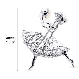 BERRICLE Sterling Silver Dancing Ballerina Button Freshwater Cultured Pearl Fashion Brooch Pin for Women, Rhodium Plated