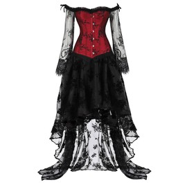 Corsets for Women's Princess Renaissance Corset Lace Ruched Sleeves Overbust Top Printing Bustier Suits 2X-Large Black Dress