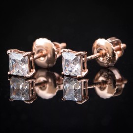 Steelt Knitted Princess Cut Women's Small Iced Rose Gold Plated Pink Stud Cz Earrings