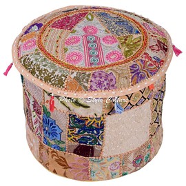 Stylo Culture Cotton Patchwork Embroidered Ottoman Stool Pouf Cover Beige Floral Ottoman Stool