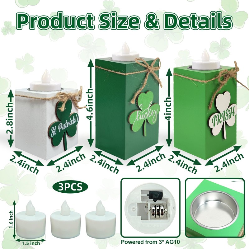 3 Pack St. Patrick's Day Tea Light Candles Wooden Clover