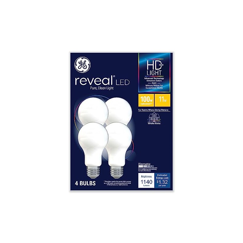GE Reveal Hd+ Led A19 Light Bulb, 11 W, 4/Pack