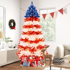 GOFLAME 7.5FT Pre-Lit Patriotic Christmas Tree, 4th of July Artificial Decoration Tree with 1341 Branch Tips, 480 Warm White LED Lights, Hinged Holiday Xmas Tree for Independence Day Home Party