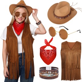 Antsparty Western Cowgirl Costume, Women 70s Fancy Dress Set with Fringe Vest Cowgirl Hat Sunglasses Red Bandana, Retro 70s Hippie Costume for Hippie Disco Party