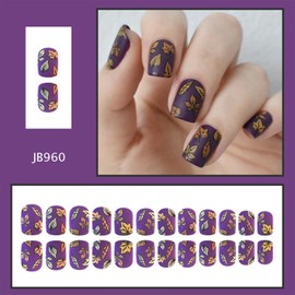 Fall Press on Nails Thanksgiving Short Square Fake Nails with Designs Maple Leaf Purple Glue on Nails 24 Pcs Reusable Acrylic Nail for Women WYFHDT
