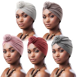 DRESHOW 5 Pieces African Turban for Women Soft Pre-Tied Knot Fashion Pleated Turban Hat Head Wrap Sleep Cap, White Khaki Pink Grey Rust Red