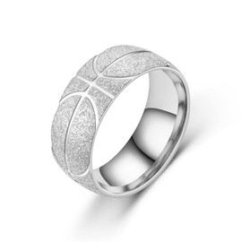 chengxun Stainless Steel Basketball Pattern Ring Gift for Men Frosted Stripe Rings Sport Hip Hop Punk (silver, 8)