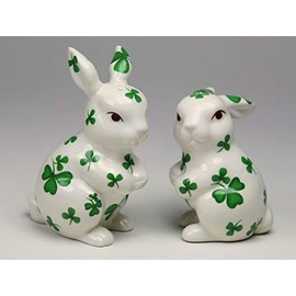 Fine Ceramic Shamrock Prints Design White Bunny Rabbit Salt & Pepper Shakers Set, 3-3/4" H