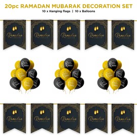 Ramadan Mubarak Decoration Set - 20pc Set Pack - with Buntings Flags Banners Balloons Partyware Decor Geometric (Black & Gold 20pc Set)