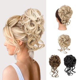 COWANIEE 3 Pcs Messy Bun Hair Piece, Curly Wavy Synthetic Hair Messy Bun Scrunchie for Women Girls (Brown, Black, Silver)