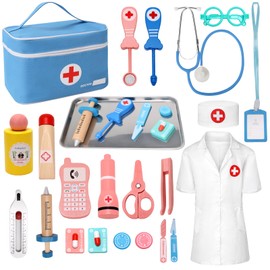Teneytoyz Children's Wooden Doctor's Case with Real Stethoscope, Thermometer, Syringe, Doctor's Bag and Doctor's Coat, Gift for Children Role Play Toy from 2 3 4 5 Years