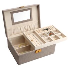 SANZIE Jewelry Box 2 Layers Velvet Organizer Storage Case with Removable Jewelry Tray with Mirror, Jewelry Box for Earrings Rings Necklaces Bracelets (Grey, Large)