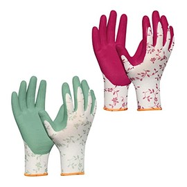 Gebol Flower Duo 2 Pairs Size M (Size 8) Garden Gloves Double Pack in Trendy Colours 2023 Work Gloves with Floral Pattern Soft Latex Coating for Good Grip for Women Red Green