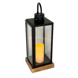 Galt International 17.3" Black Metal Frame LED Candle Lantern w/ Glass Panels & Wooden Base for Home Décor & Interior Design (Medium)