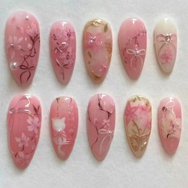 Shimmerz 30 Pieces Pink Blossom Press On Nails Medium Almond Shape Artificial Nails Peach Blossom with 3D Rhinestones Pearls Gold Glitter Design Adorable Cat Nails