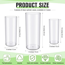 meekoo 3 Pieces Flower Acrylic Vase Cylinders Round Decorative Clear Vase Break Resistant Acrylic Flower Cylinder for Centerpieces Floral Home Wedding Table Decoration (10/12/14 in)