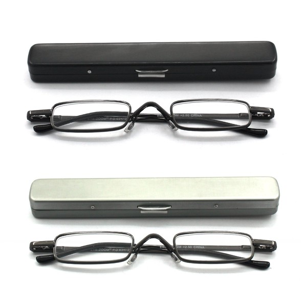 EYE ZOOM 2 Pack Metal Mini Reading Glasses with Spring Hinge Slim Light Case, Black, Gunmetal, Strength +1.50