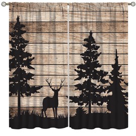Farmhouse Curtains, Rustic Deer Forest Animal Farmhouse Wood Panel Home Decor Curtains, Bedroom Living Room Blackout Curtains, Set of 2 Panels,42X45 Inch