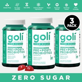 3 Bottles of Goli Zero Sugar World's First 3-in-1 Pre, Post, Probiotic Gummies - Gluten Free, Vegan, Non-GMO, & Gelatin-Free.