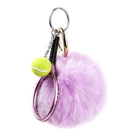 Cute Pom Pom Tennis Ball Key Chain Colorful Tennis Racket Key Rings Sports Gift for Women Men-Purple