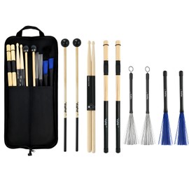 VANPHY Drum Stick Bag Set Include 5 Pair Drum Sticks Mallets Brushes Set with Portable Storage Bag Percussion Instrument Accessories for Jazz Acoustic Drummer Practice, Rock Band, Students Black