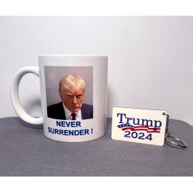 Handmade TRUMP MUG SHOT NEVER SURRENDER MUG WITH FREE TRUMP 2024 KEY CHAIN, 12 OZ MUG