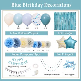 Blue Birthday Party Decorations, Happy Birthday Banner, Baby Blue Balloons, Light Blue Confetti Balloons, Fringe Curtain Background with Paper Pompoms for Baby Boys Men Girls Women Party Supplies